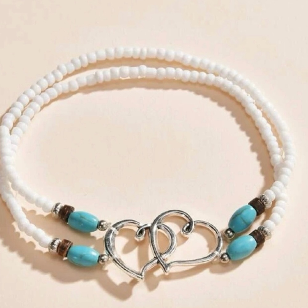 Brand New Heart and Turquoise Beaded Anklet